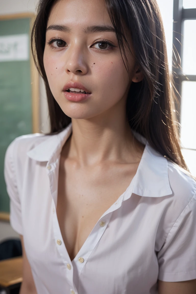 Highest quality、Ultra-high resolution、(Realistic)、18-year-old girl、((((School Uniform, Half naked))))、((((I can see your nipples)))),Hyper Detail、Super Realistic、(Realistic)、More about beautiful skin、(masterpiece:1.0)、(Highest quality)、(Ultra-high resolution)、8K resolution、Canon EOS R5、135mm、Absurd、Very detailed、Sharp focus、Fine skin、(((Chirarizum、Small breasts)))