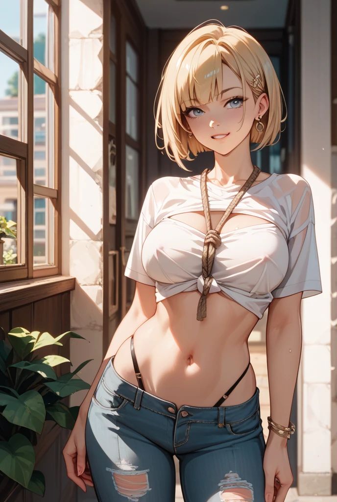 20 years old,1 mature woman,hyperrealistic, 8k, (extremely detailed 8k), (very delicate and beautiful), (masterpiece), (better quality:1.0), (ultra high resolution:1.0), (masterpiece, best quality),cute, light brown hair, short hair,full body,realistic skin, topless, ????? nipples, denim pants, navel,belt,model posing, necklace, warehouse interior, concrete walls, slim waist, full bangs, side bangs, wet body, sweat, cinematic lighting, ambient lighting, dust, expert photography, yellow eyes