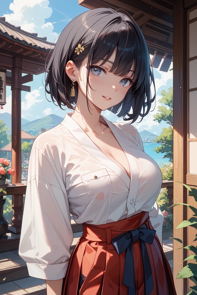 (score_9,score_8_up,score_7_up,score_6_up),masterpiece,best quality, source anime, rating_explicit, (((masterpiece))), (((best quality))), ((ultra-detailed)), ((illustration)), (1girl), (beautiful Japanese woman), (long black hair), (blue eyes), (simple background), (wearing traditional kimono), (detailed face), (perfect anatomy), (detailed light and shadow), (serene expression), (minimalist style),(cleavage:1.1),((shy smile)), (eyeshadow:0.8), digital collaring, (Sun glare;1.2), Bokeh, Depth of written boundary, Blurred Background, Particles of light, Strong winds, glossy skin, spotlight, natural right, (iridescent light:1.5)