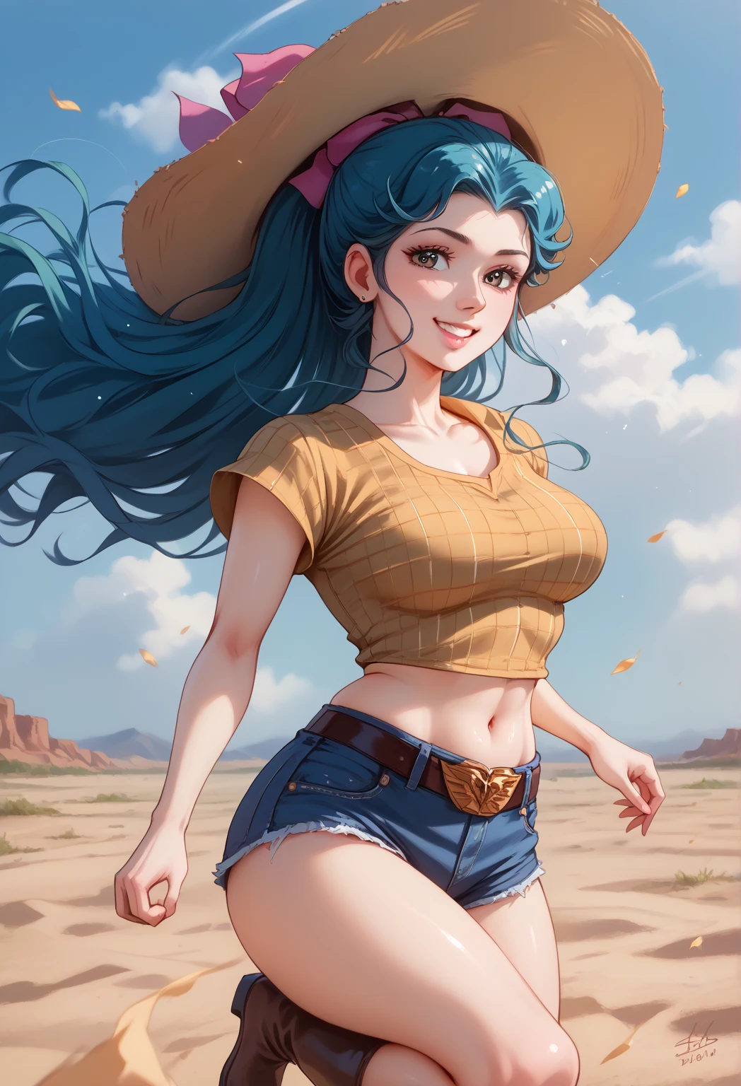 Cowgirl holding a blank banner Amish clothing shirt oversized pants Stunning eyes Stunning face Creamy hair Gorgeous hair Cowgirl outfit Stunning clothes Charming colours Amazing colors Very detailed and beautiful Sun background Sun glasses With her nerdy friend and glamorous background, amazing wallpaper, Liv Tyler, Salma Hayek, highly detailed and beautiful wallpaper, HD image - auto fonts - neon fonts,, , neon blue, neon in different colors, cyberpunk,, Colorful neon lights