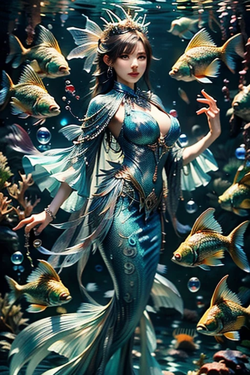 (A young and extremely beautiful mermaid:1.9)、Body covered with scales、(Ukiyo-e:1.2)、woodblock print、otherscape、elegant、(highest quality、4k、8k、High resolution、masterpiece:1.2)、Super detailed、(Realistic、Realistic、Photorealistic:1.37)、Intricate details、Beautiful detailed eyes、Beautiful detailed lips、Highly detailed face、Long eyelashes、Flowing Hair、Graceful pose、Dramatic lighting、Warm color palette、looking at the camera、mynatalee woman