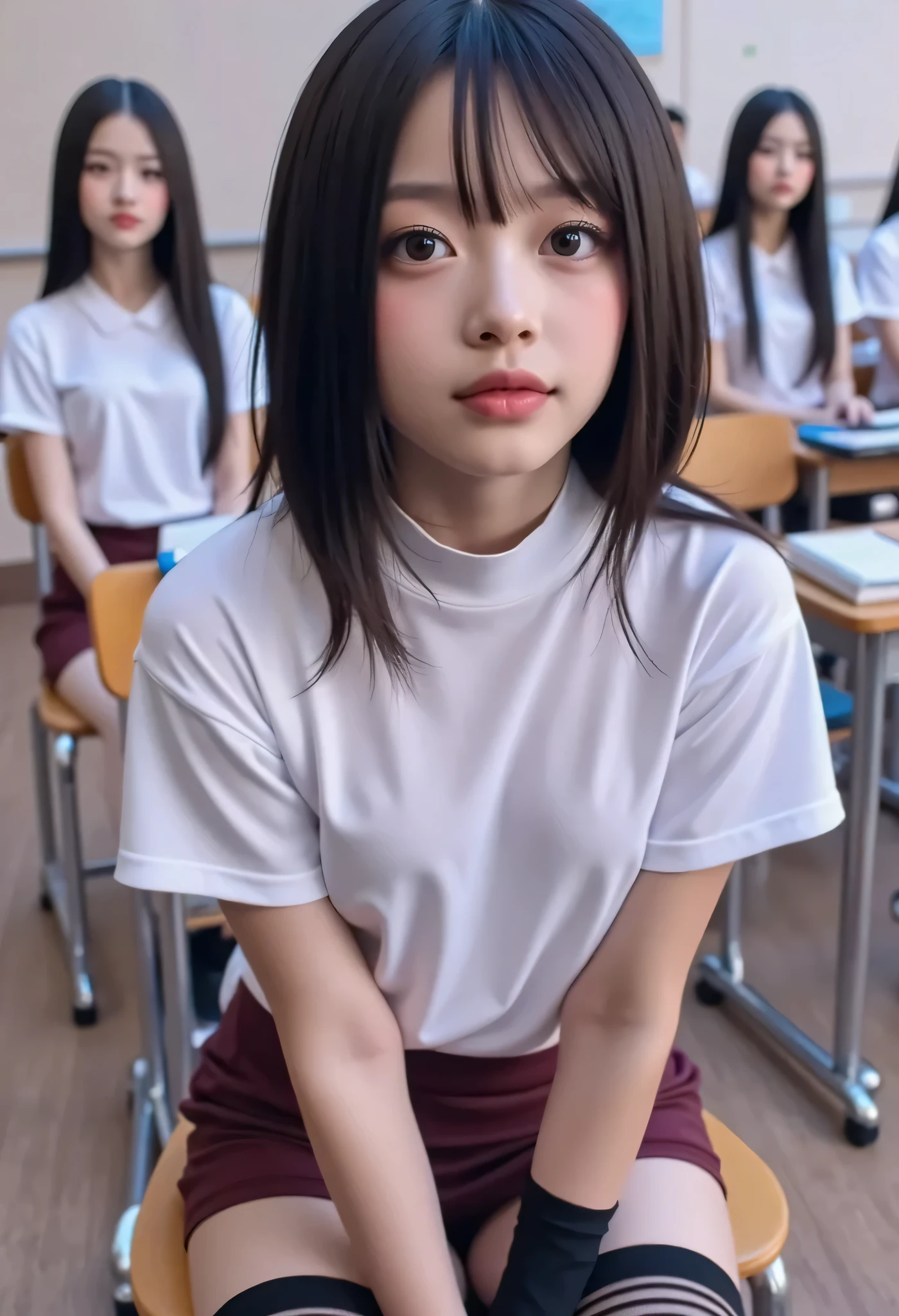 Masterpiece}}, {{Highest Quality}}, {{Largest Image}}, {{High Resolution}, {Photorealistic}, (RAW Photo}, {Highly Detailed Face}}, {{Unified 8K Wallpaper)),{In the Classroom}, {Black Knee-High Socks, Garter Straps}, {{White Turtleneck}, (Sleeveless}, Blake, {Tiny Panties, White See-Through Panties: Camel Toe}}, {Red Tight Skirt}},,, {Two Girls: Smiling, Japanese}}, {Sitting in a Chair, {{{Beautiful, (Two Young Girls), 18 Years Old}}, {{Short Bob Brown Hair}}, {Realistic Skin Texture: 1.8}, {{Glossy Skin: 1.8}}, {In the Classroom}, {Black Knee-High Socks, Garter Straps}, {{White Turtleneck}, (Sleeveless}, Blake, {Tiny Panties, White See-Through Panties: Camel Toe}}, {Red Tight Skirt}}, Blake, {Perfect body, small breasts}}, {{a slightly proud look}}