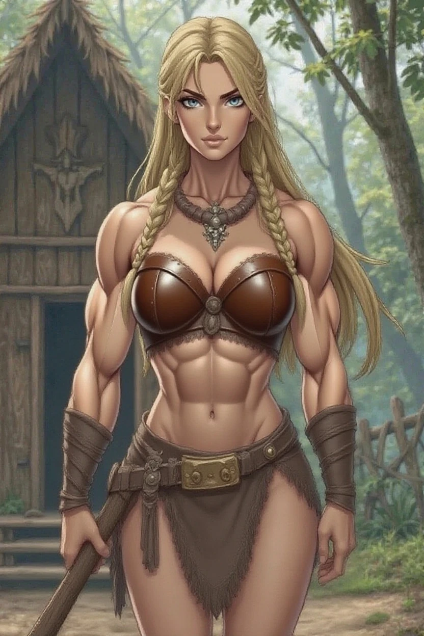 1girl, beautiful, perfect lighting, muscular, thighs, mature female, milf, navel, abdominals, looking at the viewer (masterpiece, high quality: 1.1) killer rpg, elf, pale skin, black hood, blonde hair, leg muscles, long hair, tights, (forest landscape)