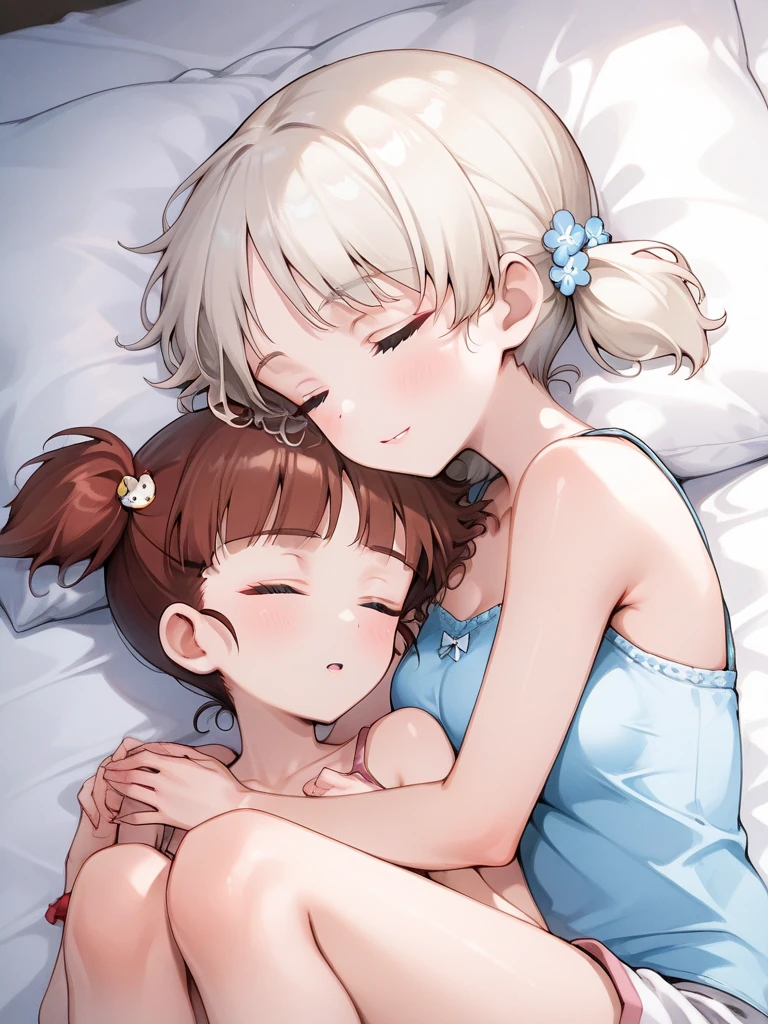 (masterpiece, lesbian anime 2girls:1.2), (very aesthetic:1.2), (absurdres:1.2), (detailed background),newest,ai-generated, (cowboy shot, 8K, art by best quality 2D yuri moe anime1.4), (10yo kawaii little daughter and 28yo noble mother, looking at each other, hugging on the bed, anime style kawaii natural faces:1.5) (yuri:1.3), (see-through pretty white casual dress, bare body visible through dress:1.3), white glowing skin, (half closed eyes with eyelashes, double eyelid, ecstasy with blush, open small mouth:1.2), (light colored medium hair:1.3), cute slender bodies, medium breasts, high beams, cozy room interior, room lighting, centered composition