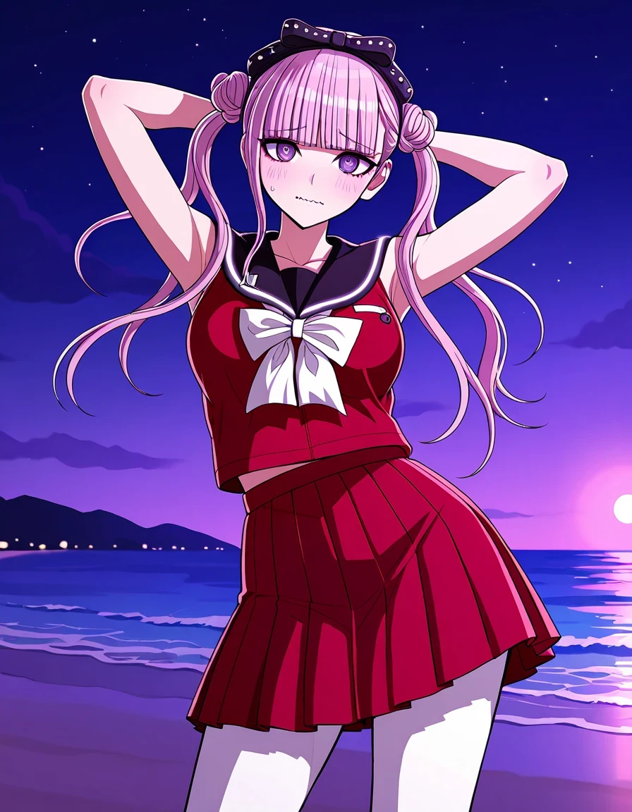 kako, pink hair, purple eyes, twintails, double bun, bow, blunt bangs, red serafuku, black sailor collar, red skirt, sleeveless, white pantyhose, high quality, closed mouth, solo, cowboy shot, night sky, beach, arms behind head, ((contrapposto)), looking at viewer, wavy mouth, shy, best quality,