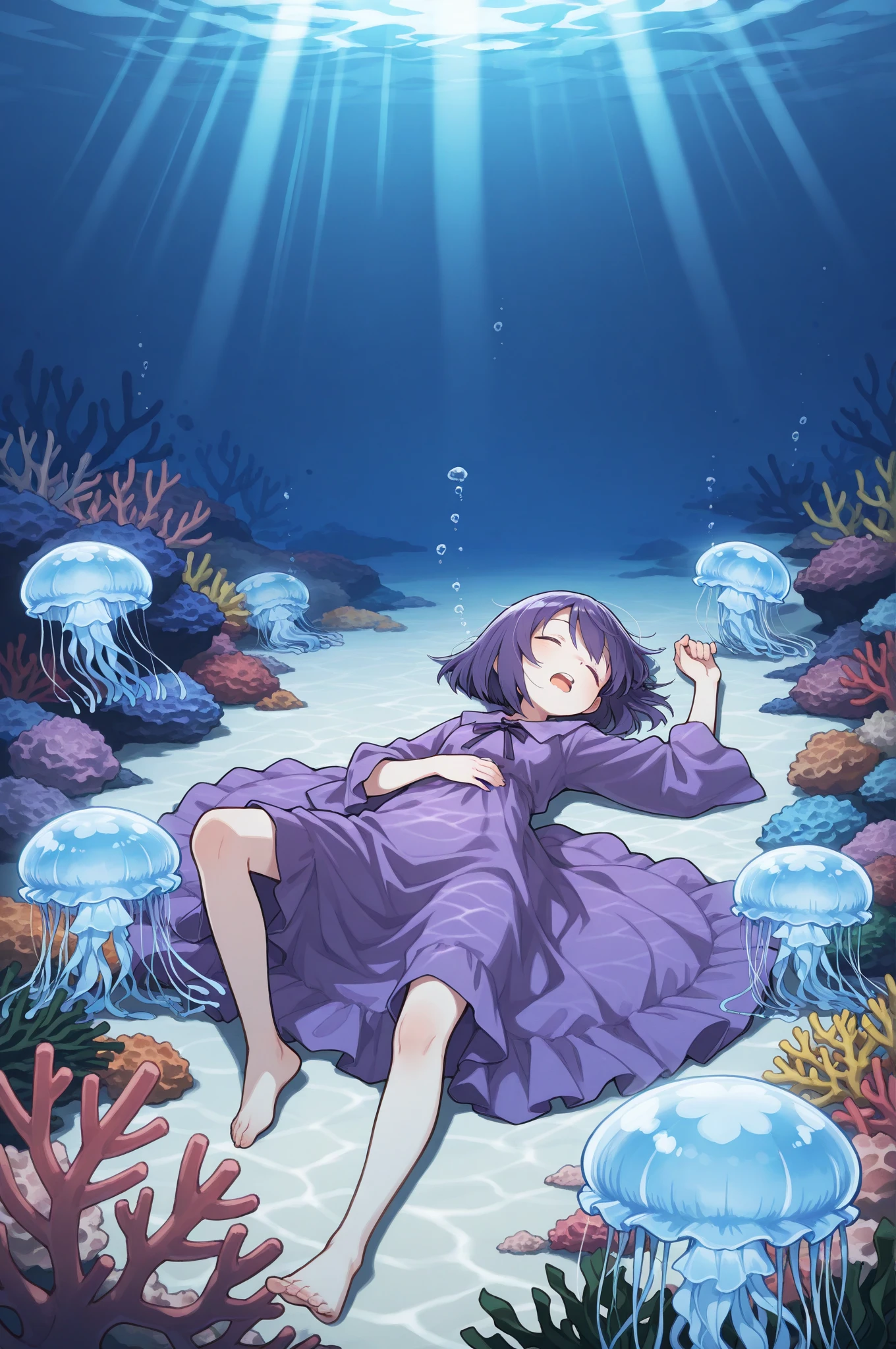 anime girl sitting on a rock with fish and seaweed, in the sea, in the ocean, standing under the sea, colored sketch, detailed fanart, [ digital art ]!!, sitting in her throne underwater, loish art style, under the sea, official fanart, lowres, in a sea, chihiro! fujisaki, anime artstyle