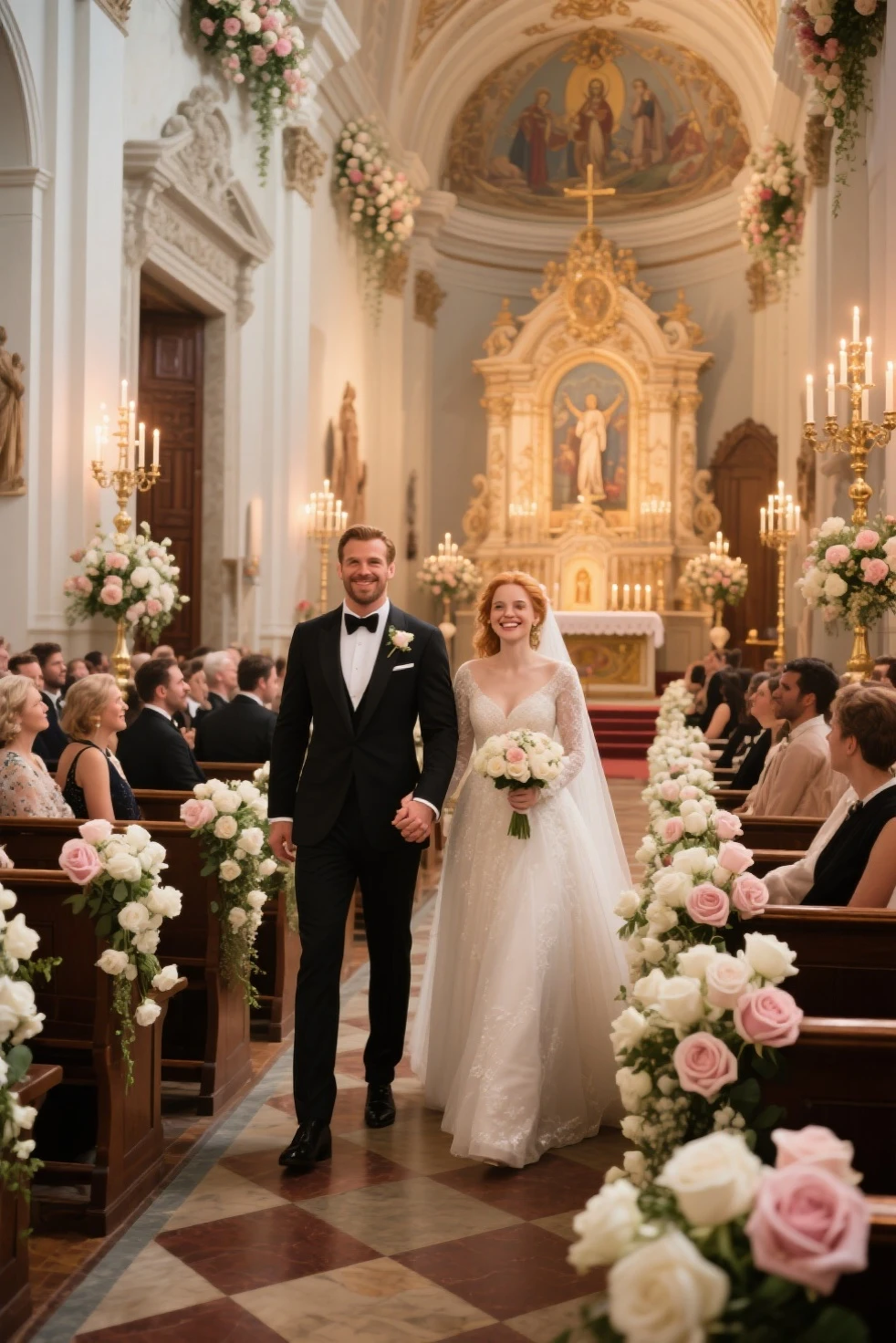 A pair of handsome guys and beautiful women take wedding photos，The background is the romantic inside of the cathedral