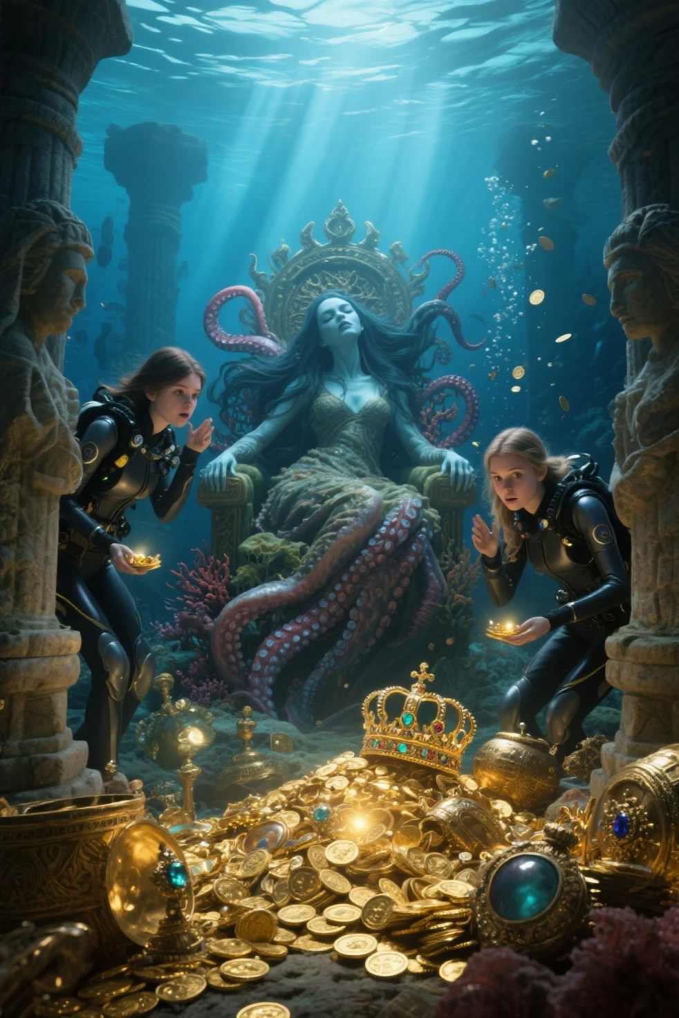Color illustration，Scene in the sea，There are mermaids and male mermaids，Female mermaid，statues，The upper left and upper right male mermaids have abs and pectoral muscles，Art Nouveau octane rendering，3D sculpture octane rendering 8 K，unreal engine rendered，3D sculpture 8K octane rendering，Shocking fantasy 3D rendering，abstract occult epic composition，Intricate artwork。octane rend。extremly high detail，Jet black background，Black flannel