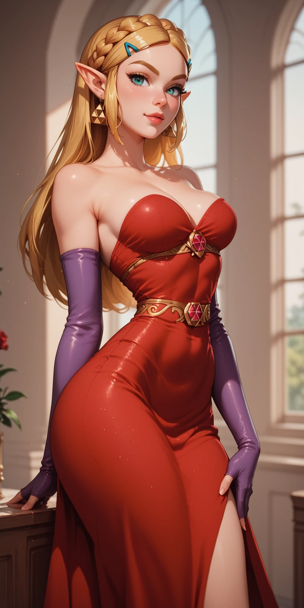 standing, wearing a elegant red silk dress, shiny, displaying her curves