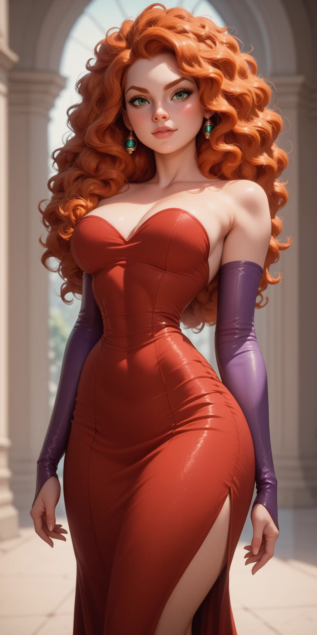 Emma Stone, cabelos loiros, red-lips, franja, middlebreasts, cintura fina em uma foto de corpo inteiro, usando um vestido de latex preto curto e justo, vestido skintight, sapatos de salto alto, exibindo belas pernas, coxas grossas, Photographic quality, fotorrealista, melhor qualidade, best resolution, fundo liso, fundo cinza claro