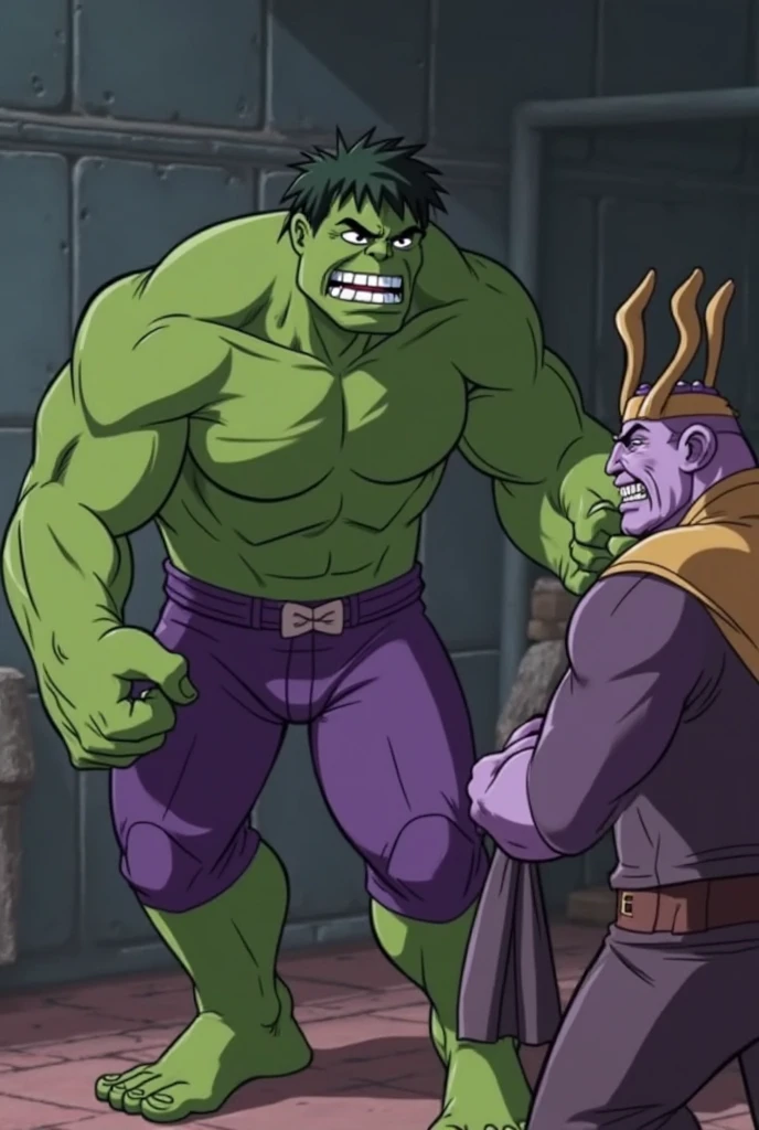 The incredible hulk punches a purple villain who explodes intoslime
