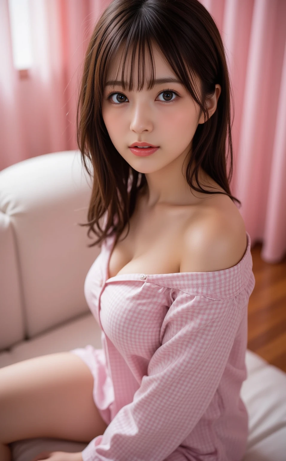 (Highest quality, masterpiece, Ultra-high resolution, 8k, RAW Photos, Realistic, Anatomically correct:1.5), 20-year-old girl:1.2, Embarrassing, avert your eyes, blush:1.0, View Viewer, ((bar)) 、Large windows、Night view、 Light:1.2, Bokeh, Cinema Lighting:1.0, Depth of written boundary, sharp、 Cute Face、Idol、Wine colored short sleeve lace top、Black pleated skirt、Shiny wine-colored clothing、”dwarf”、(Floral clothes)、(Full Body Shot)、Side angle、Cowboy Shot、 smile、((Ultra short hair、Berry Short))、(Straight bangs)、((See-through))、(( One Girl))、Waist、I can see your thighs、