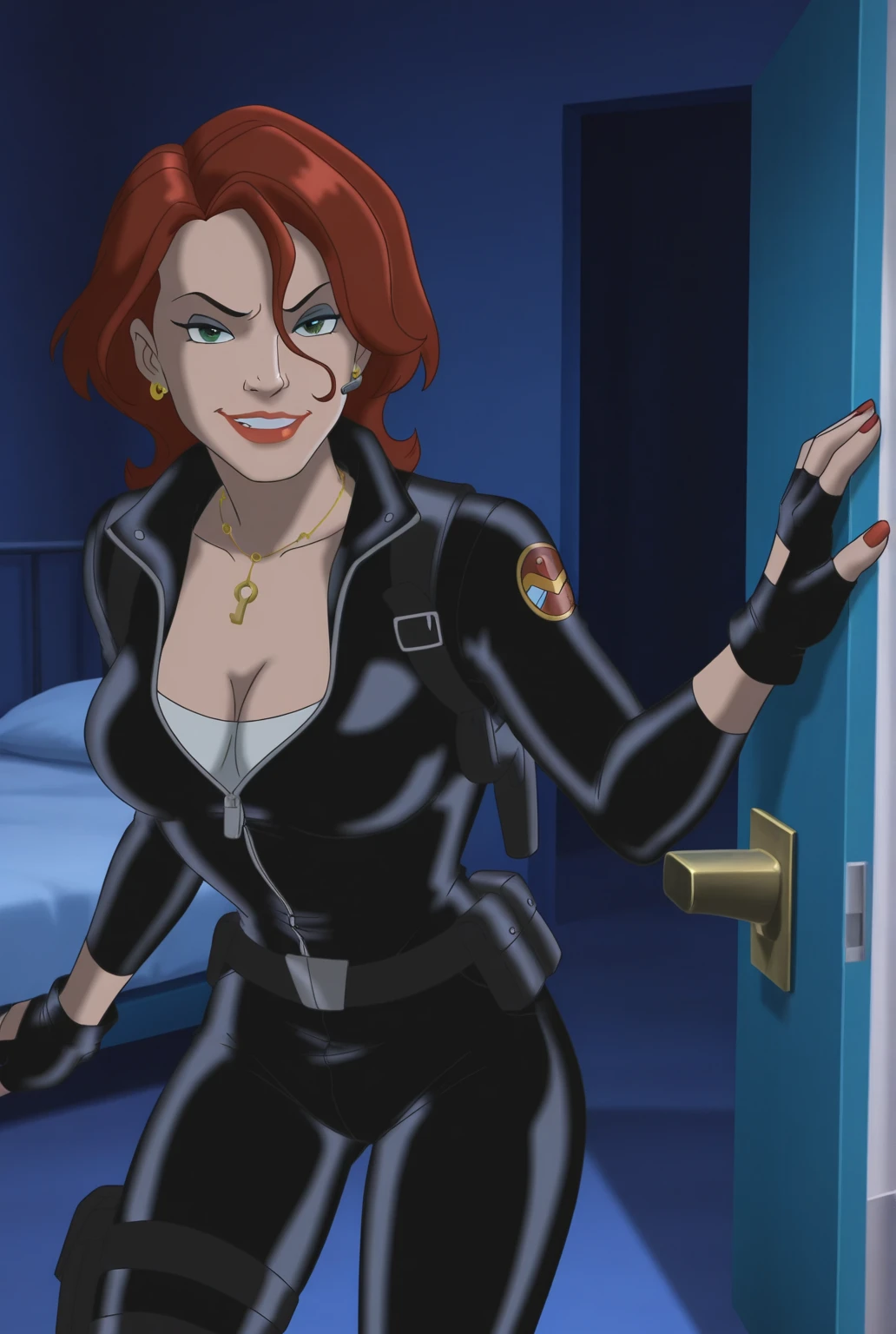 The image is a digital illustration of a woman with red hair, wearing a sleek skin-tight shiny blue latex bodysuit with a deep-cut zipper neckline revealing a large chest, the zipper running down the front. Her body is curvy, and she is brandishing a gun in her right hand. Her left hand is also visible with spread fingers resting against her hip. Her bodysuit is detailed with a belt. The gun she is holding has a distinctive design detail. The background of the image features a brick wall.