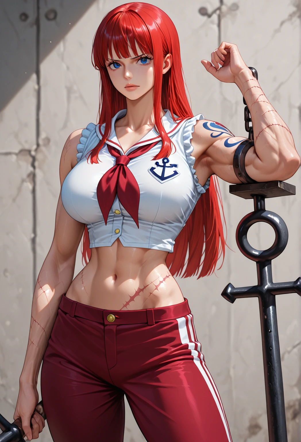 realistic, 1girls, handicrafts, best quality, 4k, red hair, big breasts, handbags, ponytails, tank tops, necklaces, jewelry, shorts, wide hips, gyaru, hair bands, yellow eyes, full body
