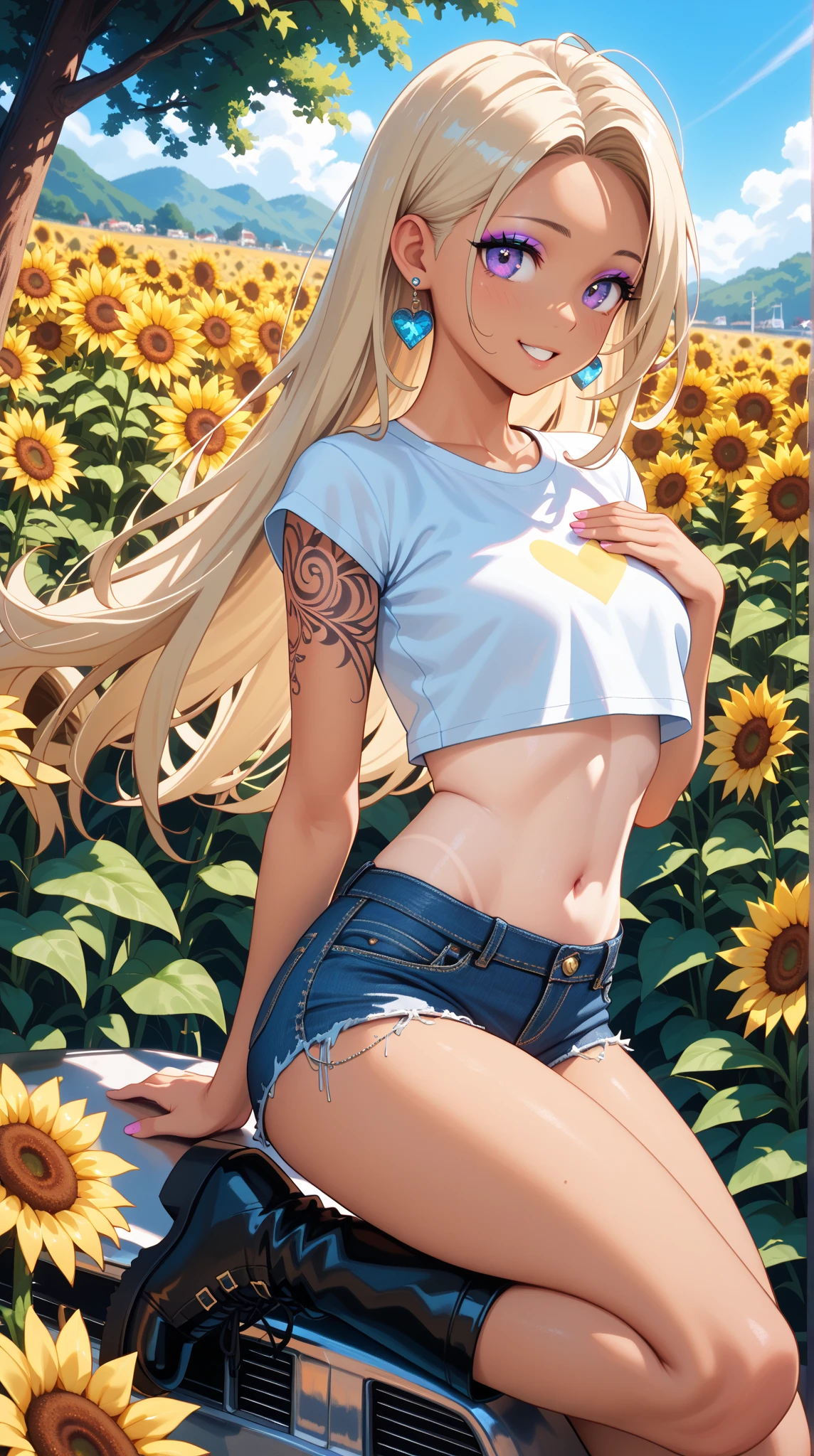 araffed woman in a yellow top and denim shorts squatting on the grass, amouranth, better known as amouranth, blonde goddess, alexa grace, young beautiful amouranth, ava max, perfect blonde haired girl, giant stunning goddess shot, perfect body, anna nikonova aka newmilky, ross tran style, wearing a cute top, yellow sneakers, highly detailed face, beautiful face, cleavage, wit studios anime style
