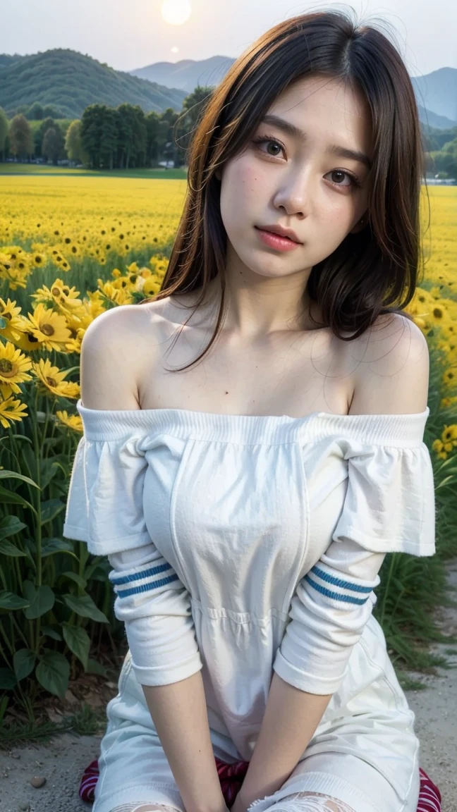 highest quality, Ultra-high resolution, masterpiece, Realistic: 1.8), pore, Accuracy, Sunflower field, Tall and wide, White clouds overhead, Blue sky, hard damaged jeans, Ample breasts、White tank top、Silver Necklace、Pale Light, young woman, Tie your hair back, iris, Smiling eyes、smile, Laugh out loud with your mouth open、White teeth、Leaning forward, Leaning forwardになる, Bend your waist, Look into the chest, Detailed Description, 23 years old, cute,
