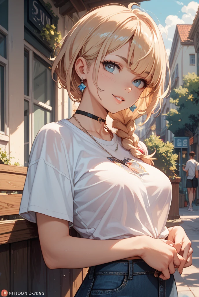 top-quality、supreme1People Girls,hightquality,A detailed face、A detailed eye、Detailed nose、Detailed mouth、 Beautiful expression, ((masuter piece)), ((High resolution)), ((Best Quality)), detail, (NSFW:1.4 ,cum faced、Excited face.Very happy,), ((Skin shiny with sweat)), (Tank Tops、hotpants)、 girl with, a blond, (Half Twin Tail)、Standing figure、fair white skin:1.3、、Smaller chest, cinmatic lighting, perfectly shaded,(((In the street))), Realistic lighting with shades,Reflecting the whole body