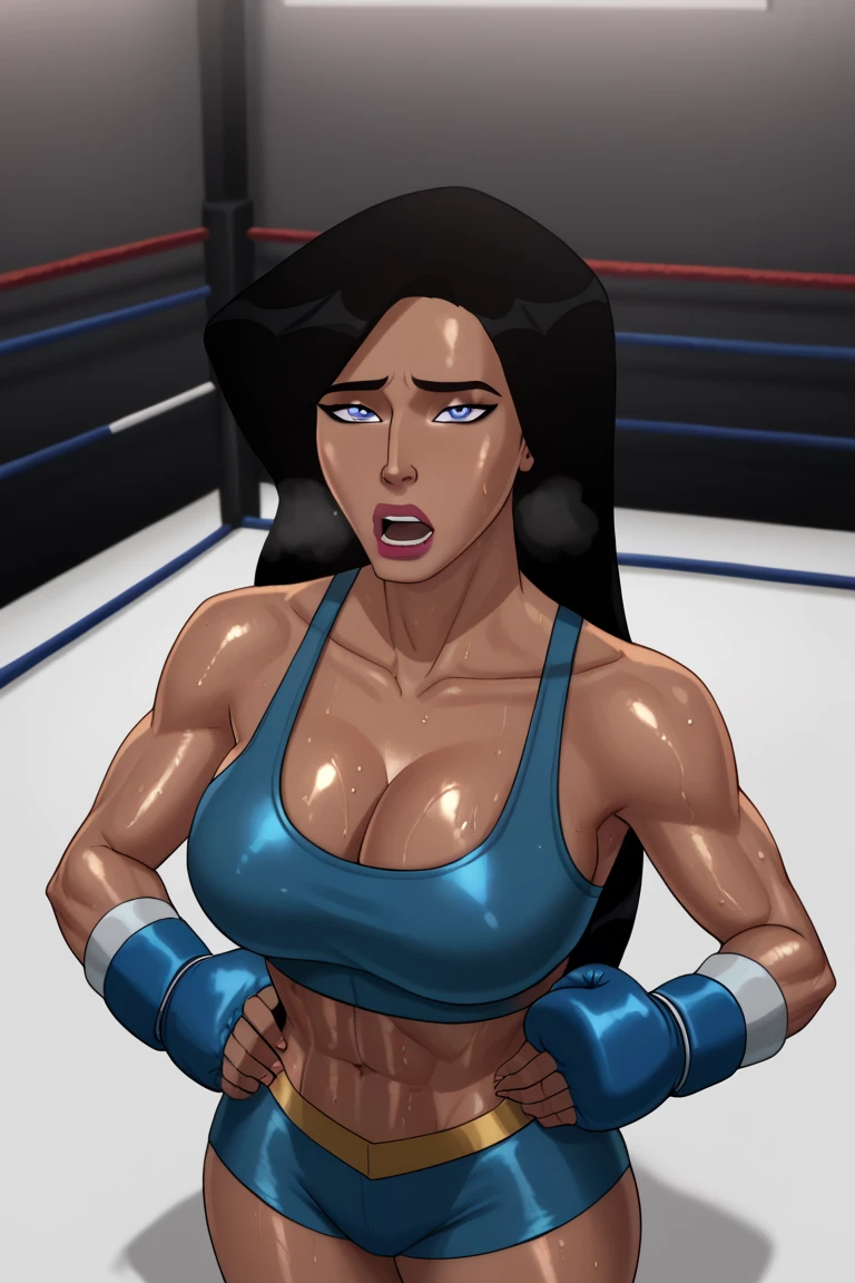 a beautiful young 18 year old Indian girl, extremely detailed face, beautiful eyes, lips, nose, long eyelashes, busty, large breasts, topless, wearing blue shorts, boxing gloves, kneeling on the ground spreading her legs, open mouth, half closed eyes, boxing ring, cream on face, realistic, photorealistic, masterpiece, 8k, ultra-detailed, hyper-realistic, professional, dramatic lighting, vibrant colors, cinematic
