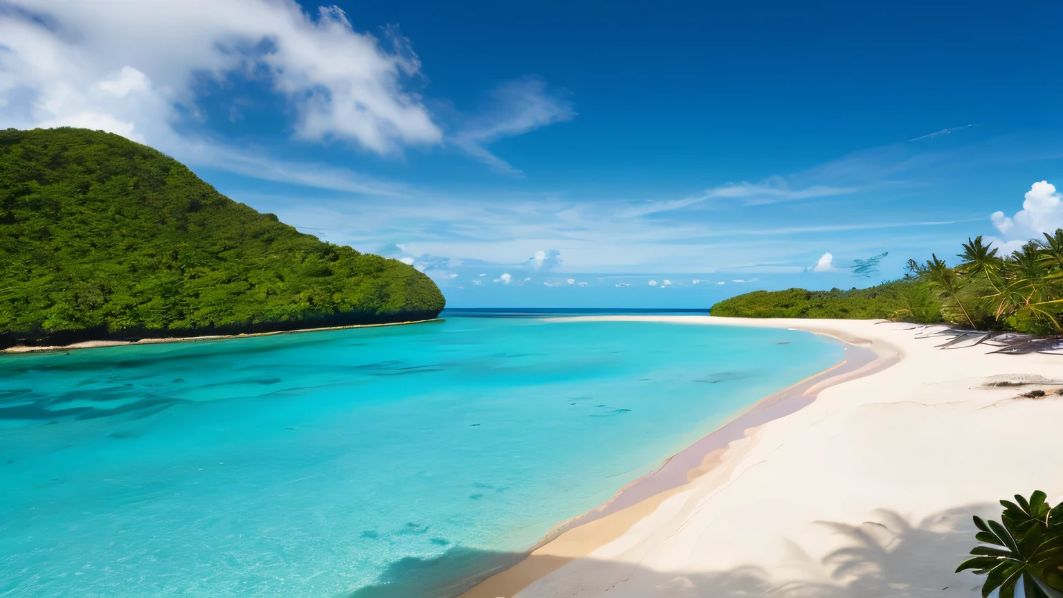 Scenery, summer, Blue Sky, Palau Island, private ocean, unmanned,Clear weather, HD detailed, Super Detailed, Composition for shooting the ocean from a sandy beach、