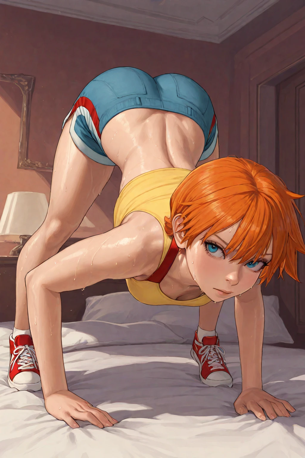 gwendolyn_tennyson, ((short orange hair, glowing green eyes, makeup, narrow waist, skinny, medium breasts)), pelvic curtain, ((naked, nude)), full body, perfect body, (insanely detailed, beautiful detailed face, masterpiece, best quality) , (((solo))), (((1girl))), (((mature))), (extremely detailed 8k paper CG wall unit: 1.1), (bed, bedroom, night), (smile face for the viewer), eropose, jack-o, from behind, big pussy, big ass