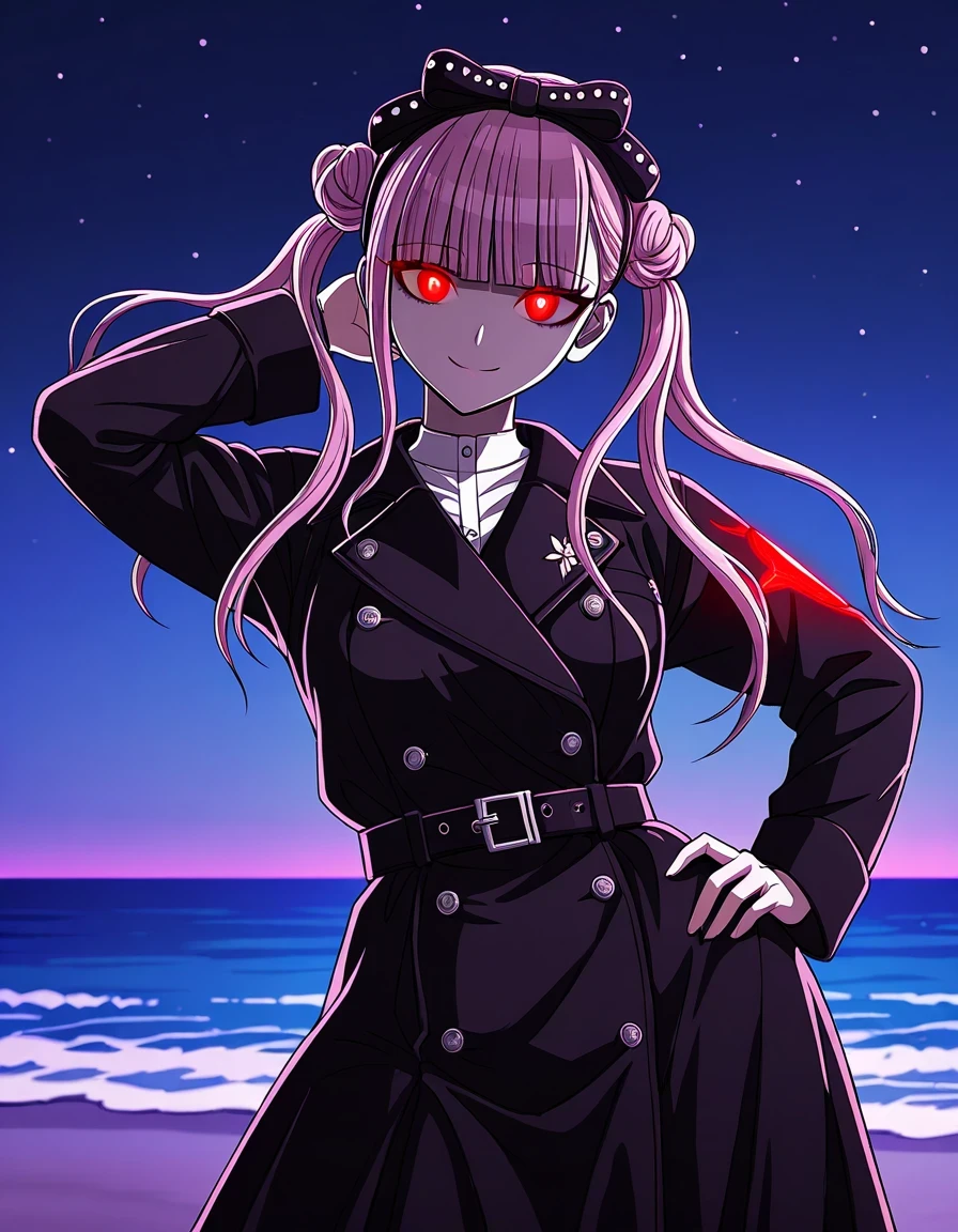 kako, pink hair, red glowing eyes, twintails, double bun, black bow, blunt bangs, alternate costume, black coat, black sleeves, black dress, belt, white shirt, high quality, closed mouth, solo, cowboy shot, night sky, beach, arm behind head, hand on hip, ((contrapposto)), looking at viewer, smile, best quality,