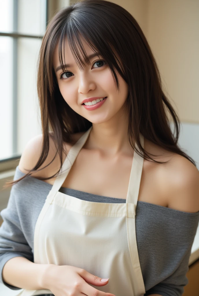 (perfect anatomy),((Ulzan 6500)),highest quality,very detailed,masterpiece,super detailed,超High resolution,(realistic:1.4,8k),服装はapronだけを着けている,((A homely, beautiful 20-year-old wife places a plate of ham, eggs and vegetables from the kitchen on the table with a big smile and tilts her head.)),Thin muscular big hips are irresistible,(apron),Chestnut curly semi-long hair,High nose and deep chiseled face,dynamic portrait,magic lighting,Bright colors,Melting deep depth of field background using Hasselblad,(highest quality,4k,8k,High resolution,masterpiece:1.2),(realistic,realistic:1.37),