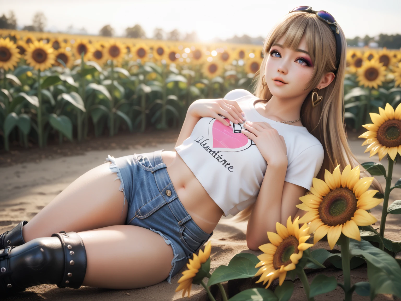 ((((Leaping high and high))))、((jumpping))、(((sideways Facing)))、(((Full body focus)))、(((Black Bunny Girl Hair Band)))、(((twintails hairstyle)))、(((Hair that flutters in the wind)))、Photorealsitic、超A high resolution、Convoluted、ultra-detailliert、(dent in the skin)、Cute、Feminine、Detailed body、Medium chest、(A detailed face: 1.1)、(Outline of the iris)、(Hydrocore Lens)、(perfect  eyes)、8K、16k、realisitic、Beautiful fece、(​masterpiece: 1.2)、(top-quality:1.2)、wide-hips、slenderbody、Black theme、Optimal ratio of 4 fingers to 1 thumb、actionpose、((Enamel Knee High Boots))、((Enamel Long Gloves)) 、(((maikurobikini)))、(((Bunny girl collar and black bow tie)))、(((Accurately depict limbs))))、NSFW、(((Large sunflower field at sunset)))、(((Contre-Jour)))