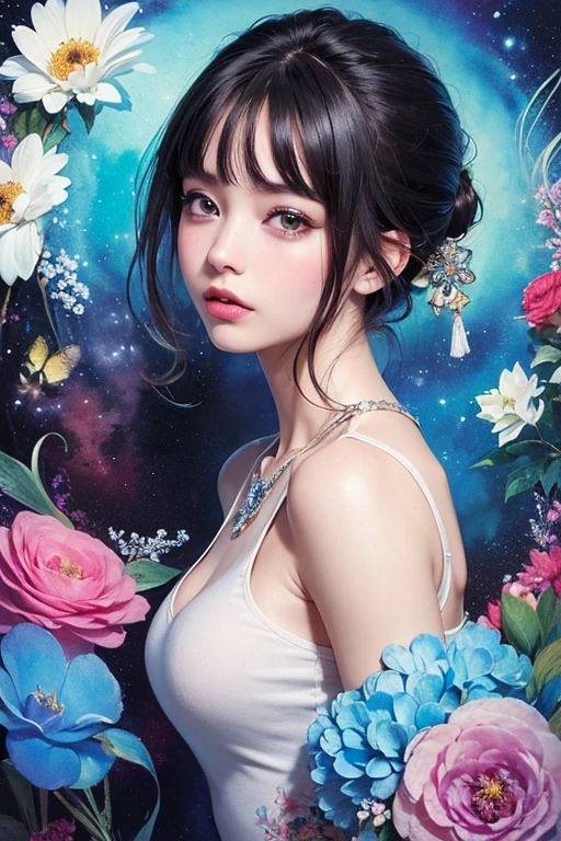 A space goddess overflowing with transparency　Colorful sparkling flowers