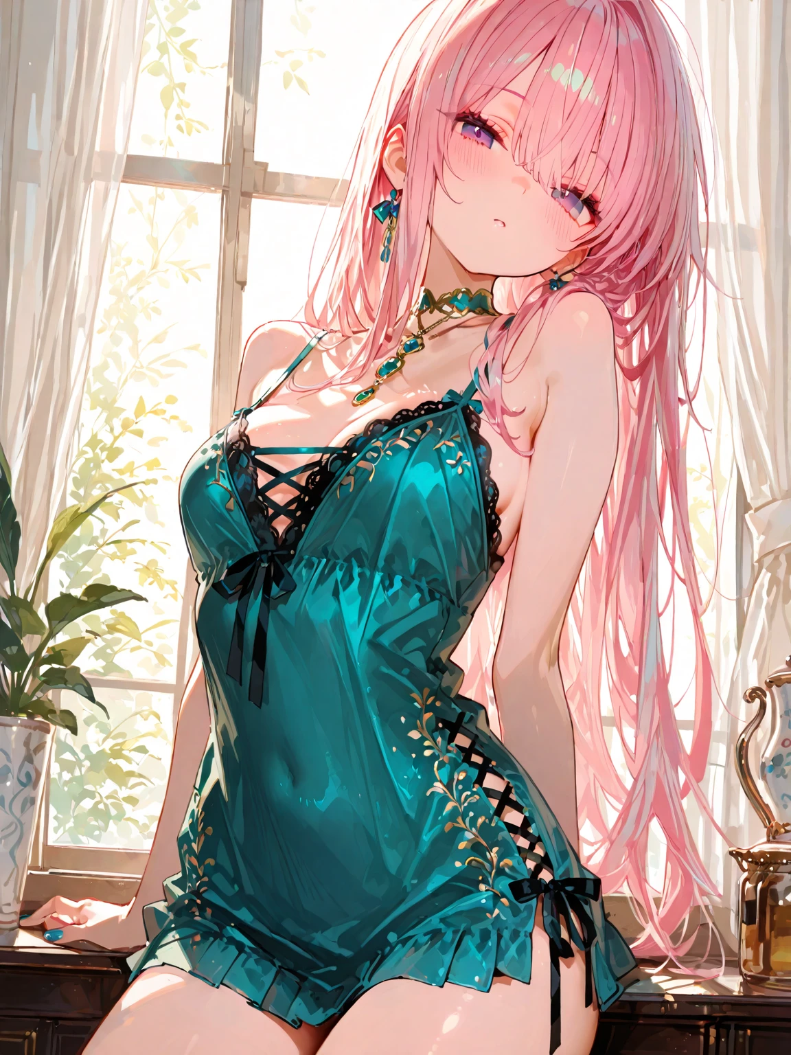 The image is of a beautiful woman wearing a tight fitting black lace lingerie. The woman has long flowing pink hair with strands of braided hair tied with red ribbon throughout. She has gorgeous green eyes that shine like emeralds. Her face is youthful and gorgeous. Her  are ample and seem too large for her tight fitting black lace bra. She is short in height but well developed -a short stack. She blushes as you look at her. She's standing in your bedroom and is excited to be with you. The image is ultra detailed with gorgeous colors, perfect line work, and detailed shading.