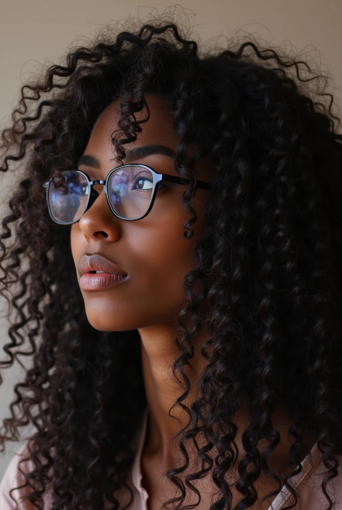 Generate an image of an amine girl, who have dark skin, black curly hair with silver tips that covers one side of her face and glossy plum eyes with navy blue glasses