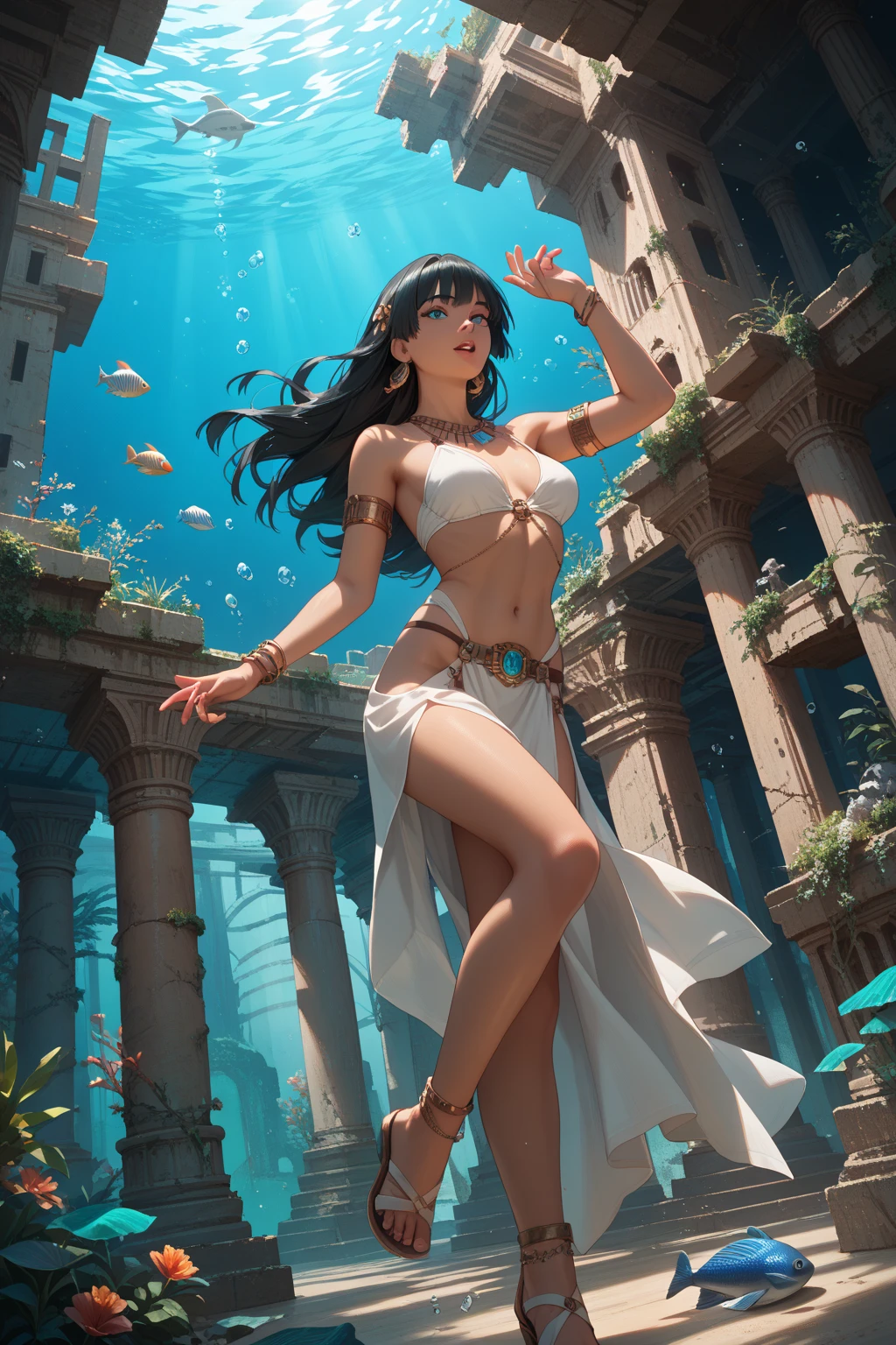 a picture of a building in the middle of a lake, an underwater city, a goddess in a white skirt posing for a picture, tube-top goddess dress, tassels, wearing a sexy cropped top, goddess look, sfw huge breasts, covered sfw huge breasts, very sexy outfit, flat chest, skirt, wearing skirt, sexy outfit, realistic bikini, sexy curvs , curvy body, portrait sophie mudd, mini skirt, sequin top, pink skirt, wearing crop top and miniskirt the lost city of atlantis, underwater city, fantasy matte painting，cute, beautiful fantasy cave scene, lost city of atlantis, intricate matte painting, 8k hd trending on art station, still from a fantasy movie, underwater temple, the city of atlantis, very beautiful matte painting, huge breasts, smily face, smile on face 