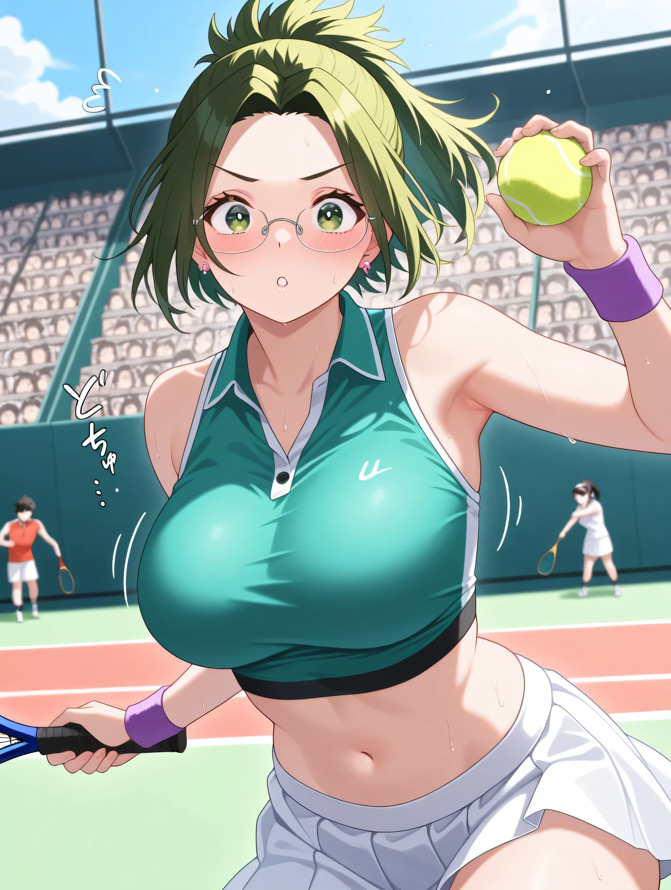 himiko agari, green eyes, ponytail, green hair, glasses, earrings、 large breasts 、   1 girl, Alone,  Masterpiece,  best quality ,girl, tennis, best quality, very aesthetic, ultra-detailed, best illustration, nsfw、crowd、comics、comicsページ、2 Scenes、blush、 surprise、Sound effects、 が胸を見る、Ultra-thin waist、
