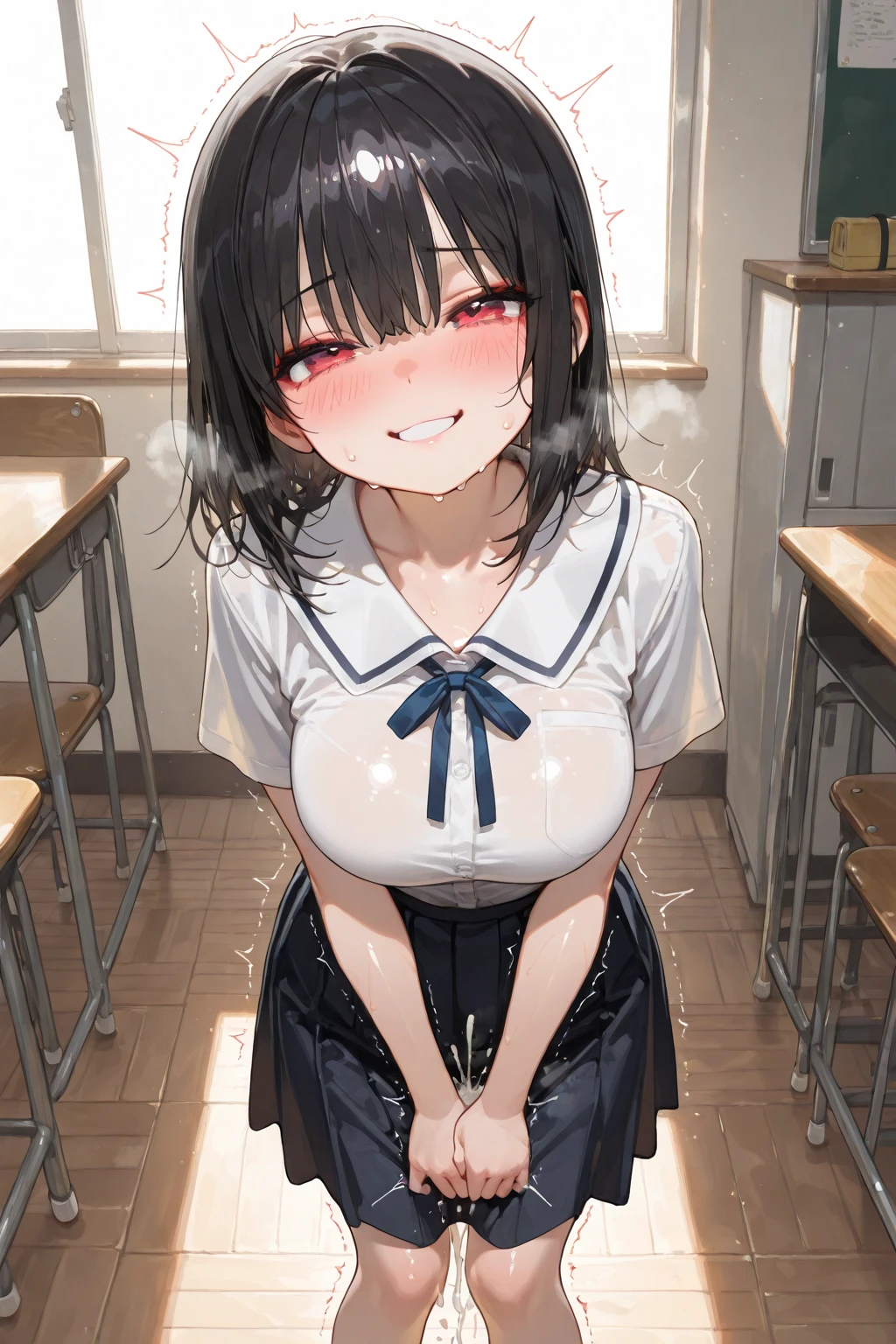 (Photorealistic:1.5), (masterpiece、Highly detailed 8K CG、Sharp lines:1.2)、hi-school girl、A dark-haired、(White panties:1.2)、thighs thighs thighs thighs、Beautiful anime schoolgirl、Smooth Anime CG Art、Beautiful anime schoolgirl、Beautiful anime girl, 19-year-old beautiful girl, Detailed skin, gleaming skin、short-hair、Beautiful black hair、blue Eye、(many streaming sweat:1.6), smile:, (flat chest:1.6), (Muscular thighs:1.5), (gaunt:1.6), (student clothes:1.2), (a sailor suit:1.2), (Dark blue pleated skirt:1.2), (full body:1.2), wet, solo, (one girl:1.4), Sitting, from front , (from below:1.3), Inside the classroom, blush, (anguish:1.2), (spread legs:1.1), open mouth, (Drooling down to the chin:1.5), (Close-set eyes:1.4), (sanpaku:1.2), (Small amounts of clear pee:1.3)