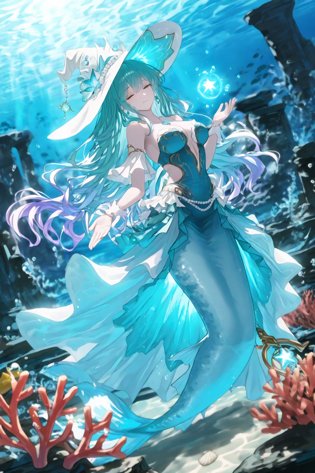 Masterpiece, High Quality, Ocean Forest, City, Fantastic Fantasy, Glowing Plants, Coral Viaduct, (Swarm of Glowing Jellyfish), (Shoal of Fish with Transparent Wings Flying in the Sky), Misty, Extreme Detail, Morning Light, Epic Composition, (Intricate Detail), (Intricate Design, Ultra Detail: 1.2), Art Station, (Masterpiece, Best Quality), Ultra HD, 32k ,castle,1girl --v 6