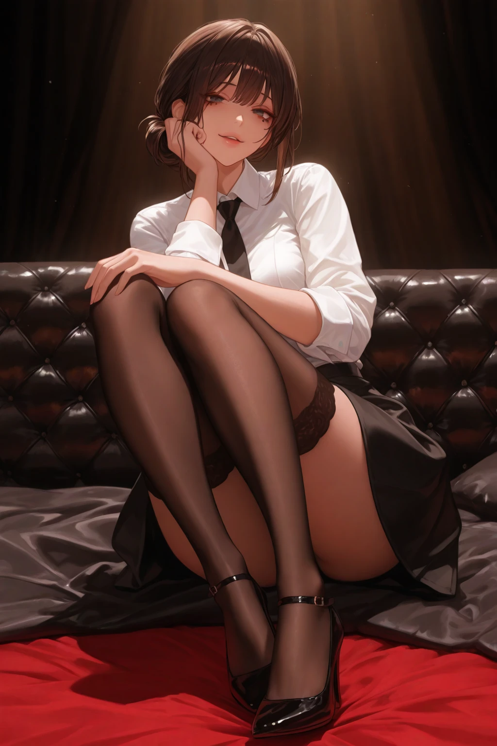 masterpiece,(Perfect Anatomy:1.5), highest quality, a lady , slender, leggy, Seductive, short hair, brown hair, (wear a white long sleeved shirt tie:1.5), white bikini panties , Perfect hands, Perfect body, reclining, lying on a sofa, leg up , shirt lift, (barefoot), looking away, ((Exquisite detail)), Very finely crafted fingers(((10 fingers))), (((two legs))), (full body showcase), (Show your whole body), (no background), (No logo) , high resolution, parted lips, from blow