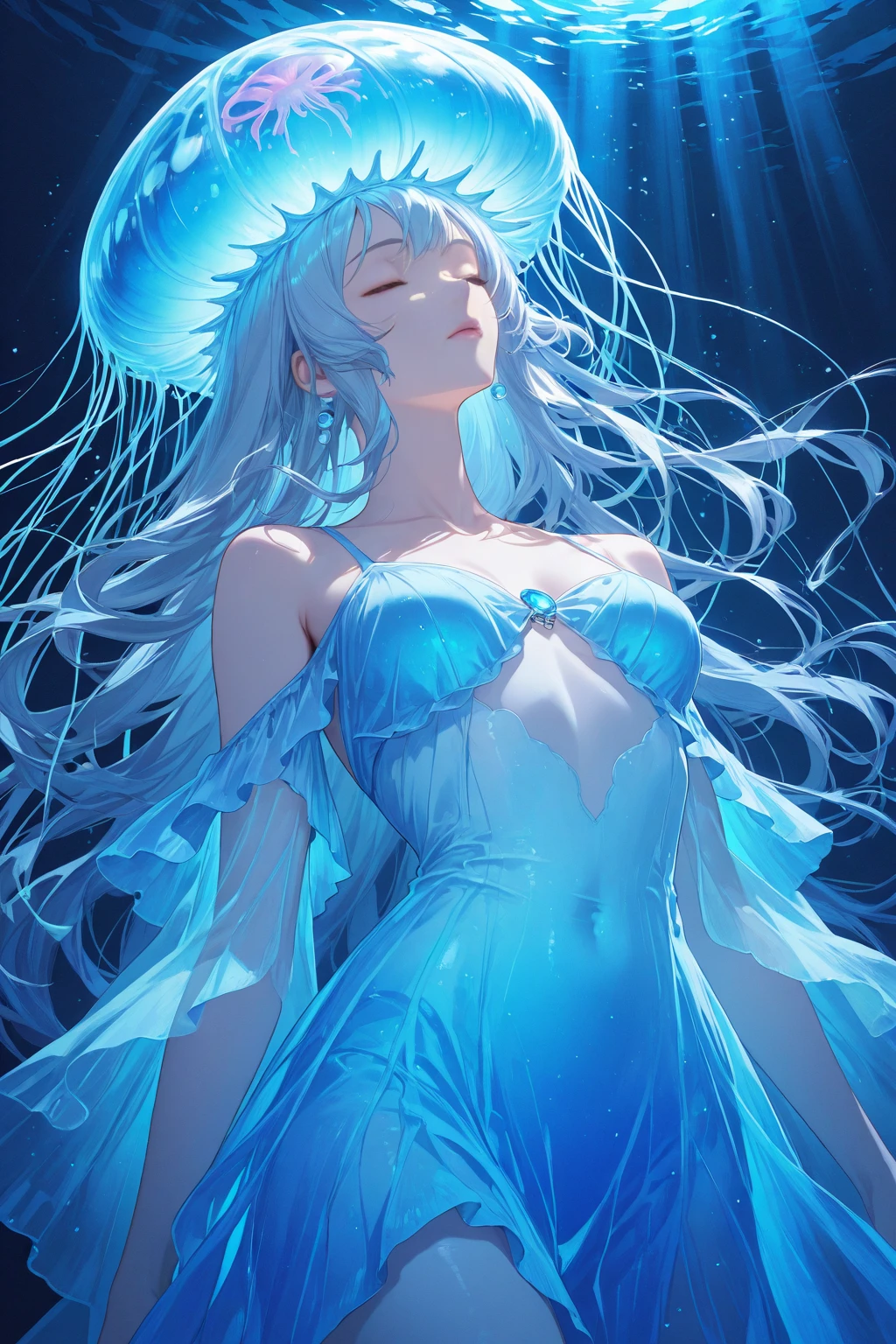 The girl had a jellyfish-like face, slimy hair, blue-gray eyes, a blue-gray-purple skin color, a tall body with long slender legs, and an elegant standing posture.