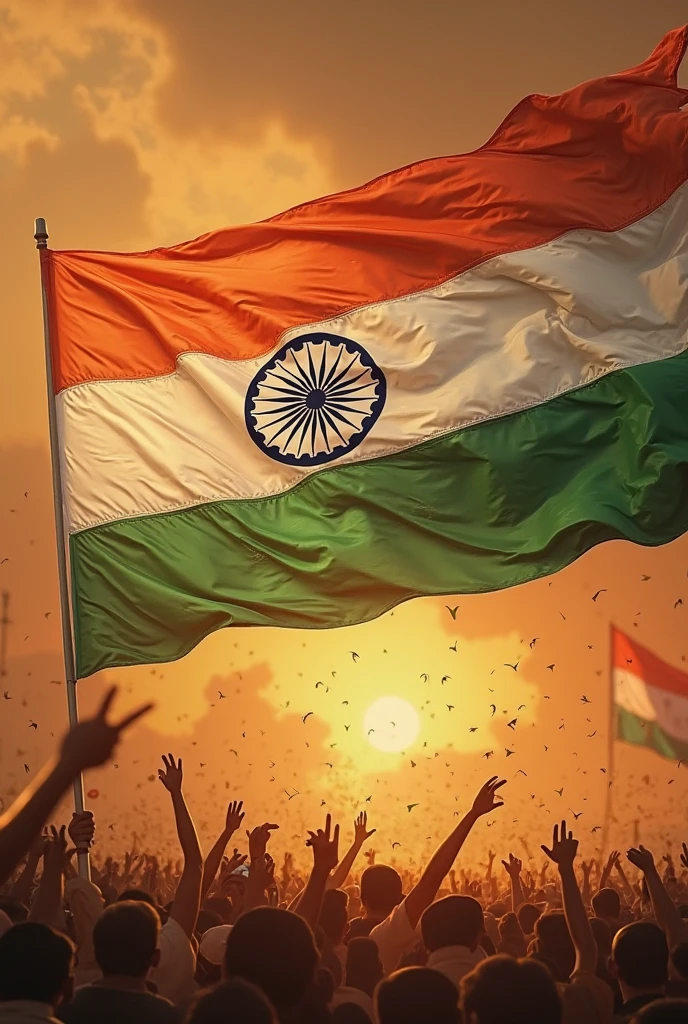 in the center a big India Flag that is not waving in the wind, light blue sky with minimal clouds and red fort as backdrop. less confetti