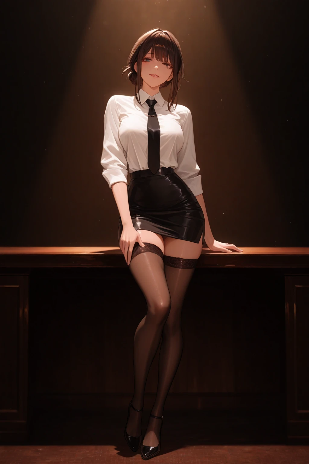 masterpiece, best quality, 1girl, leifang, long hair, office lady, see-through, turtleneck, bare shoulders, brown business skirt, black pantyhose,  sitting on the chair, dim lighting, crossed legs, <lora:Leifang-000018:0.5>