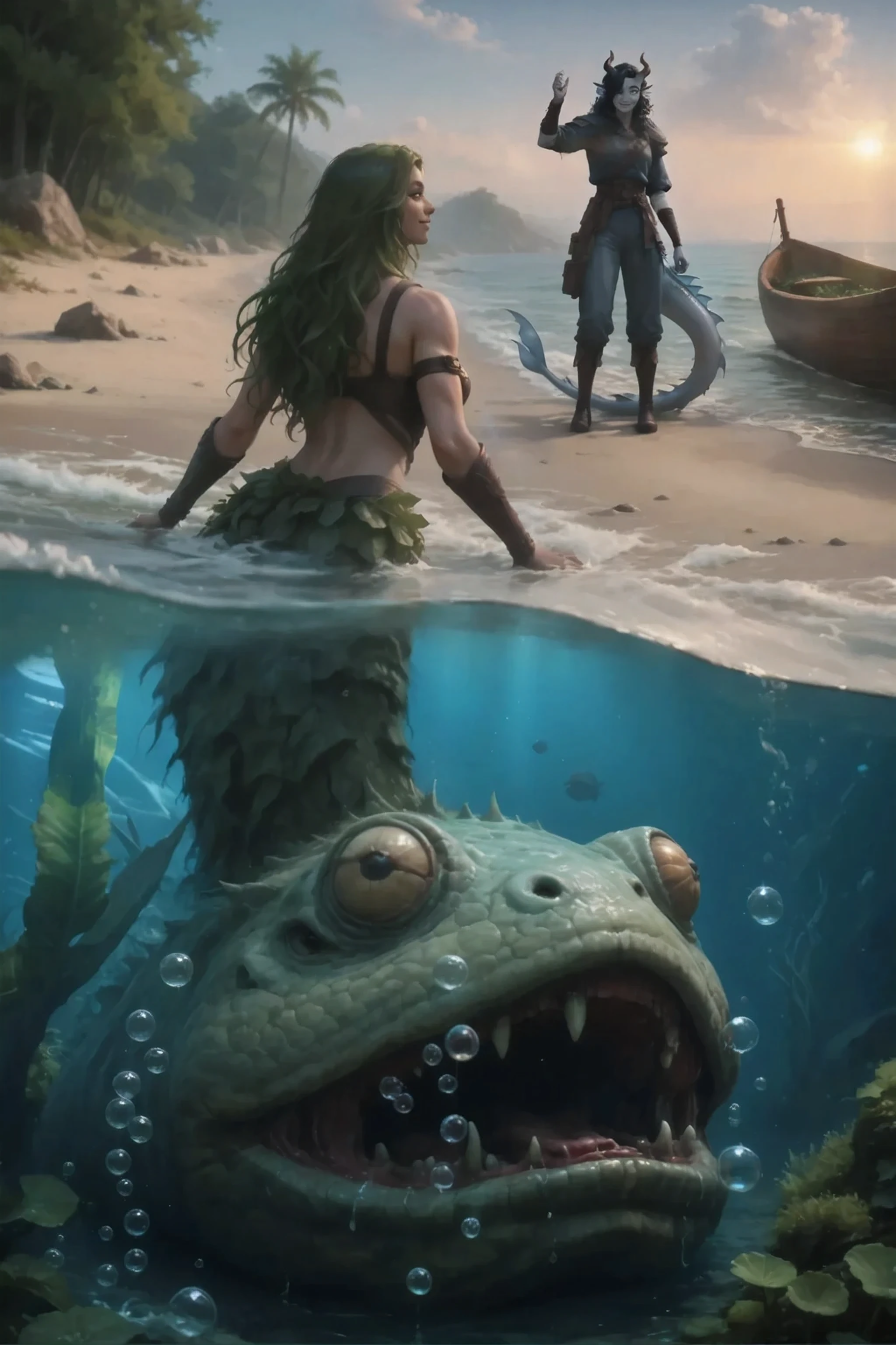 Composite image. The view from below shows the water's edge. В воде спит огромное существо с чудовищной зубастой пастью всё покрыто тиной и водорослями переходящее в верхнюю часть тела русалки женщина с зелёными волосами в тине и водорослях а нижняя часть тела женщины - чешуйчатый tail переходящий в большое существо покоящееся под водой на дне. On the coast, Kedra is dark blue-gray skin, bright blue eyes , horns on the head, fins on the head, tail, warm sunset lighting standing on the beach, Anamorphic_highlights, against the background of a palm tree forest on the coast and a lost island and a deserted island waving from the shore.
Warm sunset light falls through thick clouds giving soft long shadows in the sand. adventure atmosphere.
masterpiece, best quality, ultra-detailed, great_detail, finely_detailed, cinematic emotional static frame, 8K UHD, extreme detail, physical-based rendering, HDR.
Unrealistic image, remarkable duckiness, 8 thousand., Ultra HD, impressive lighting, fantasy genre, dramatic lighting. Highly detailed digital art style, (SFW:1.3).