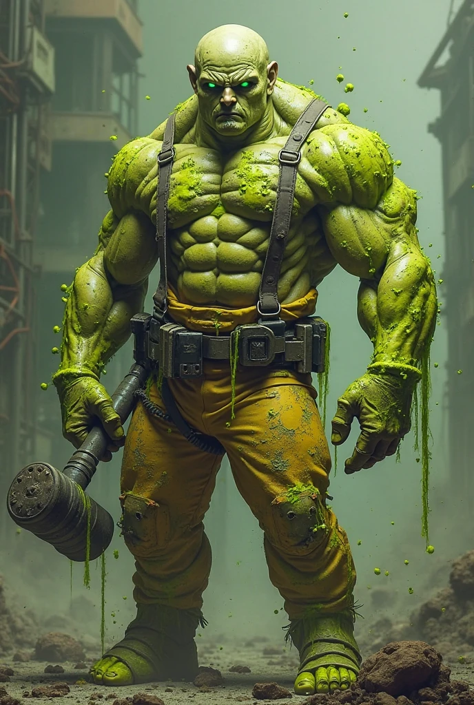 Images of a fantasy character exercised with adrenaline tied with chains and muzzled with hoses and green liquid dressed as a military man who is in a radioactive place with a plane in the background
