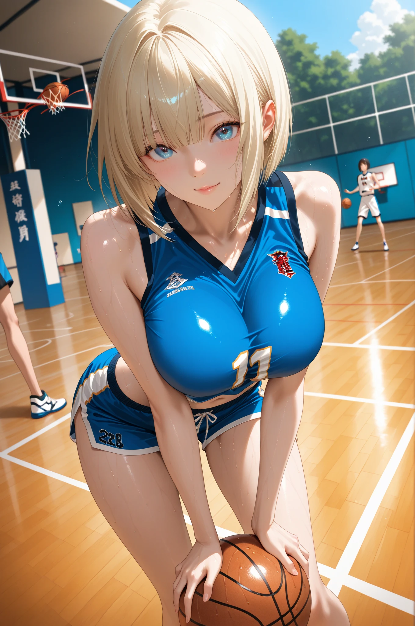 realistically、13-year-old female volleyball player、short black wavy hair、super fit volleyball uniform、Wear volleyball to enlarge short breasts、an sexy、ssmile、Sexy pose on volleyball court,humongous large breast,Heavy,,Beautiful long legs,Tall figure,