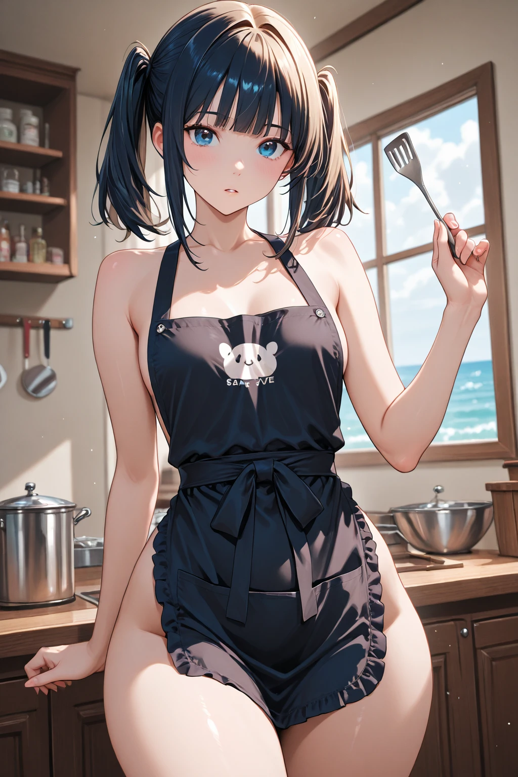 (((masterpiece, Highest quality, High resolution, 超High resolution, Perfect Pixel, Depth of written boundary, 4K, RTTX 10.0))), Beautiful Anime Woman, Beautiful art style, Anime characters, ((Smooth texture, Realistic texture, Anime CG Style)), Exact finger count、Exact number of legs、(Exact number of arms:1.0, Exact number of hands:1.0), (Perfect hands, Perfect Anatomy), Cinematic, Realistic, Extremely detailed CG, Daytime lighting, Perfect lighting, Best Shadow, The best natural light, whole body, Perfect body, バランのとれたPerfect body, Perfectly balanced style, Slender body, ((Long Hair, bangs, Reddish brown hair, ponytail)), ((Back view of a cute woman cooking:1.8)), (pussy juice:1.5), ((Bow tie around neck:1.3), Black high heels, (Sexy and cute light blue underwear:1.3), (Stylish shiny light blue satin panties, Side-tie panties, Panties with lace trim:1.3), (Thin panties:1.3), (Light blue micro lace satin bra, Light blue bra with lace trim, Thin bra:1.3), (garter belt, Black knee socks:1.3):1.3), (Stylish kitchen, In the middle of cooking, Dishes lined up in the kitchen:1.5), naked, In underwear, Waitress in underwear, (Frilly maid-like headband:1.2), Angle from directly behind, Close-up angle of the butt