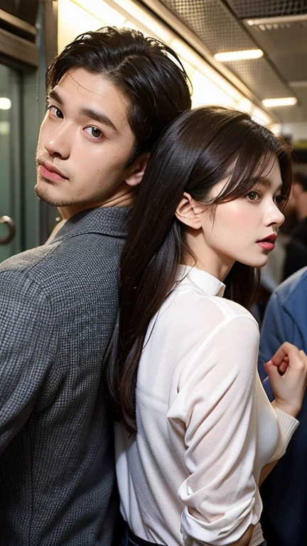 (Highest quality:1.2, Realistic:1.4, Tabletop:1.2), Kodak Portra 400 Film, boy hugs girl, The face of a man lying to a woman、Age 25、Wearing a suit, (Focus on the face:1.3), Stand staring at the viewer, With a slightly condescending look, Show off a sweet attitude.
