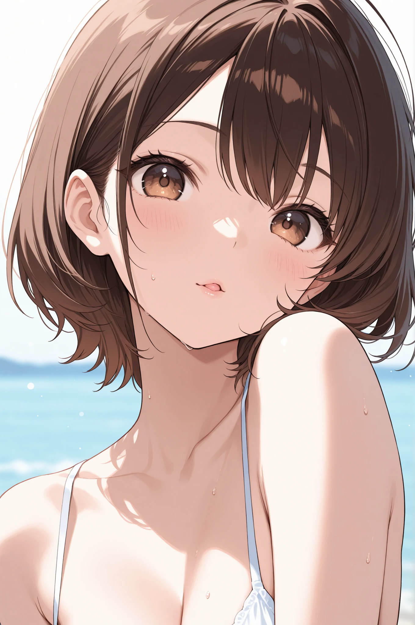 (Symmetrical), frame in, from the front of the face and body, look straight, Upper body, high quality, very high resolution, high quality, very high resolution, pretty girl, brown hair, amount, dull bangs, bob cut, brush up bangs, (Both ears are visible), (nude),((toplesedium breasts, pale pink nipples, bikini, upright, naughty way to sit, smile, on the beach