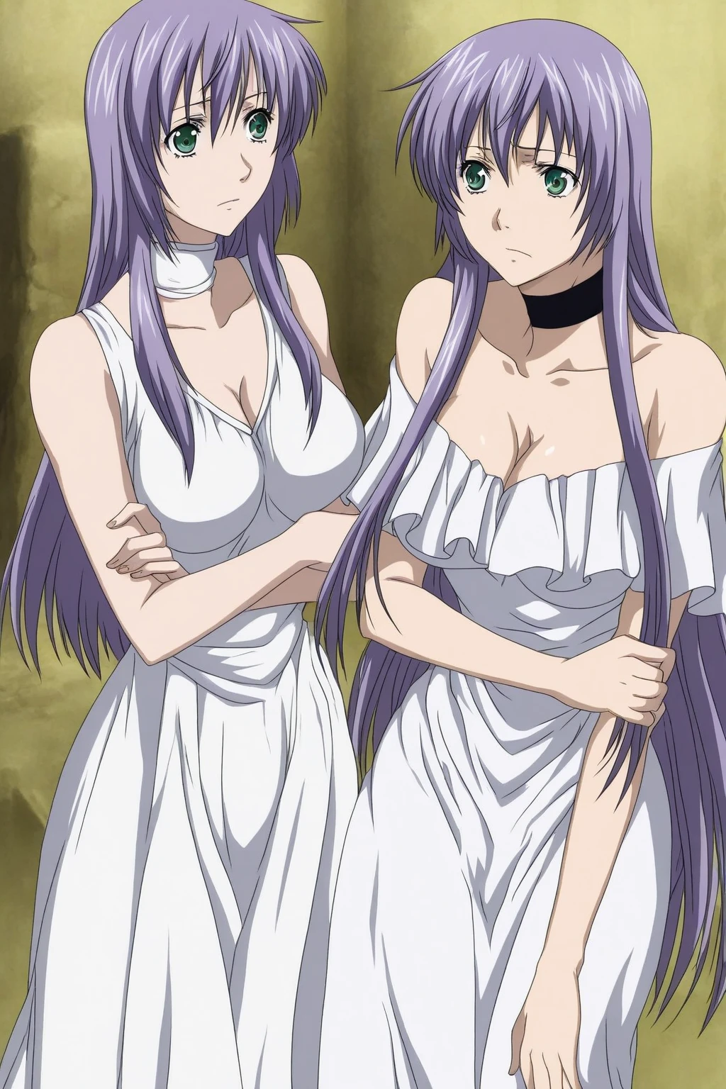 Saeko Busujima, hair between eyes, ahog, purple hair, Star \(symbol\), hair accessories, skirt, split, shoulder, clavicle, White long elbow gloves, White gloves, white skirt, white collar, Strapless, Head flower，Bouquet，veil, Strapless skirt, wedding skirt, bridal veil, beautiful woman, Perfect body, perfect, wearing a wedding skirt, ball gown, On the tree in the park, wedding decorations, warm smile, Reality, masterpiece, textured skin, Super details, high detail, high quality, best quality, 1080P, 16k