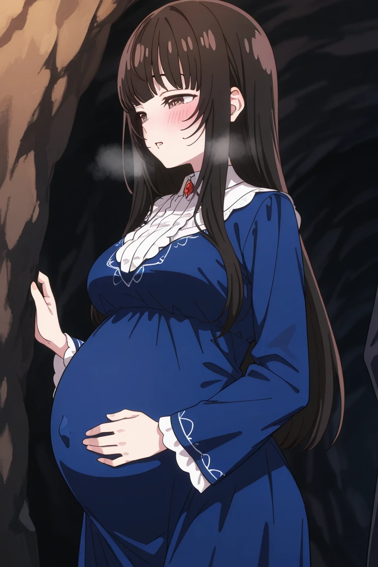 Anime. 1 girl. Housemaid. Pregnant. Black hair. Long hair. Hair is gathered in braids. Green eyes. Beautiful eyes. Perfect eyes. Expressive eyes. Beautiful nose. Ideal anatomical body. Beautiful graceful hands. Beautiful graceful legs. Medium breasts. Beautiful breasts. Nightgown. Contractions. The waters have broken. Childbirth. She's giving birth. I peed myself. I crap myself. Standing. Bedroom in a mansion. Full height. Embarrassment. Blush. Whole body. Extremely detailed CG Unity 8k wallpaper. Ideal lighting. Ultra high resolution 4K. Super detailed 8K resolution.