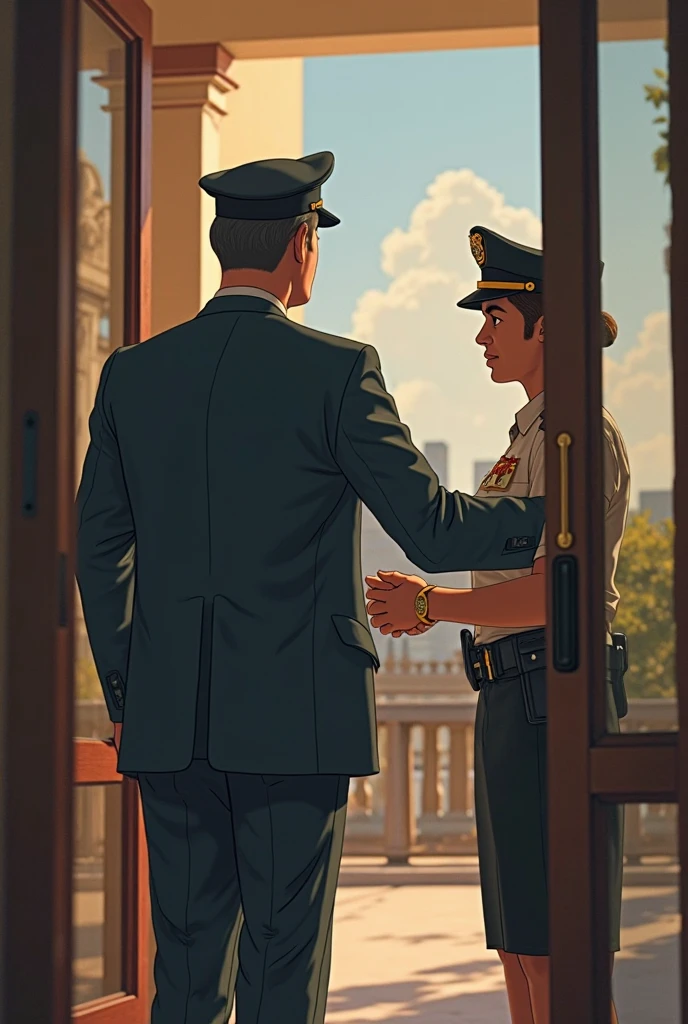 masterpiece, best quality, Face, Natural Eyes, 1 person walking, European, Bigfoot, Black socks, whole body, A man in police uniform, pistol , Big bulge, Long legs, Looking at the audience, 30 years old, muscular and mature, Slim waist, Short hairstyle,blue eyes, rinse, , Sweating, Tight cloth, Standing 