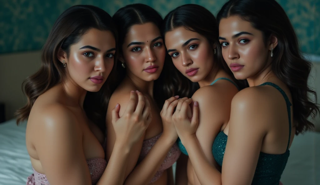 Janhvi Kapoor and Sara Ali Khan Indian girls, in tight indian clothes, hickey on upper area of chest, kiss mark on face and chest, in love, hugging tightly, no gap in between