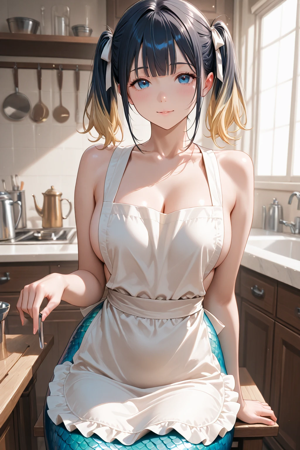 realistic, lustrous skin, 3d face,<lora:pokan_liru:1>, pokanliru, dark skin, whisker markings, ponytail, wolf tail, large breasts, naked apron, cowboy shot, 1girl, <lora:WolfGirlWithYouStyle:1>, nightliru,