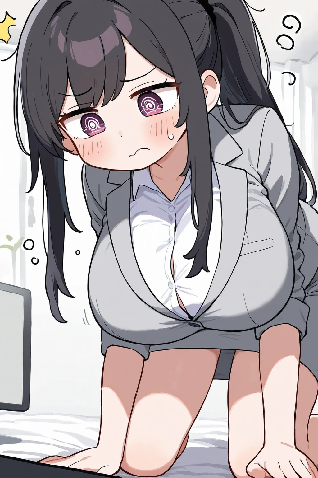 1girl, ultra high res, large chest, cleavage, oversized shirt, bent down, thigh, open mouth, hand on hip